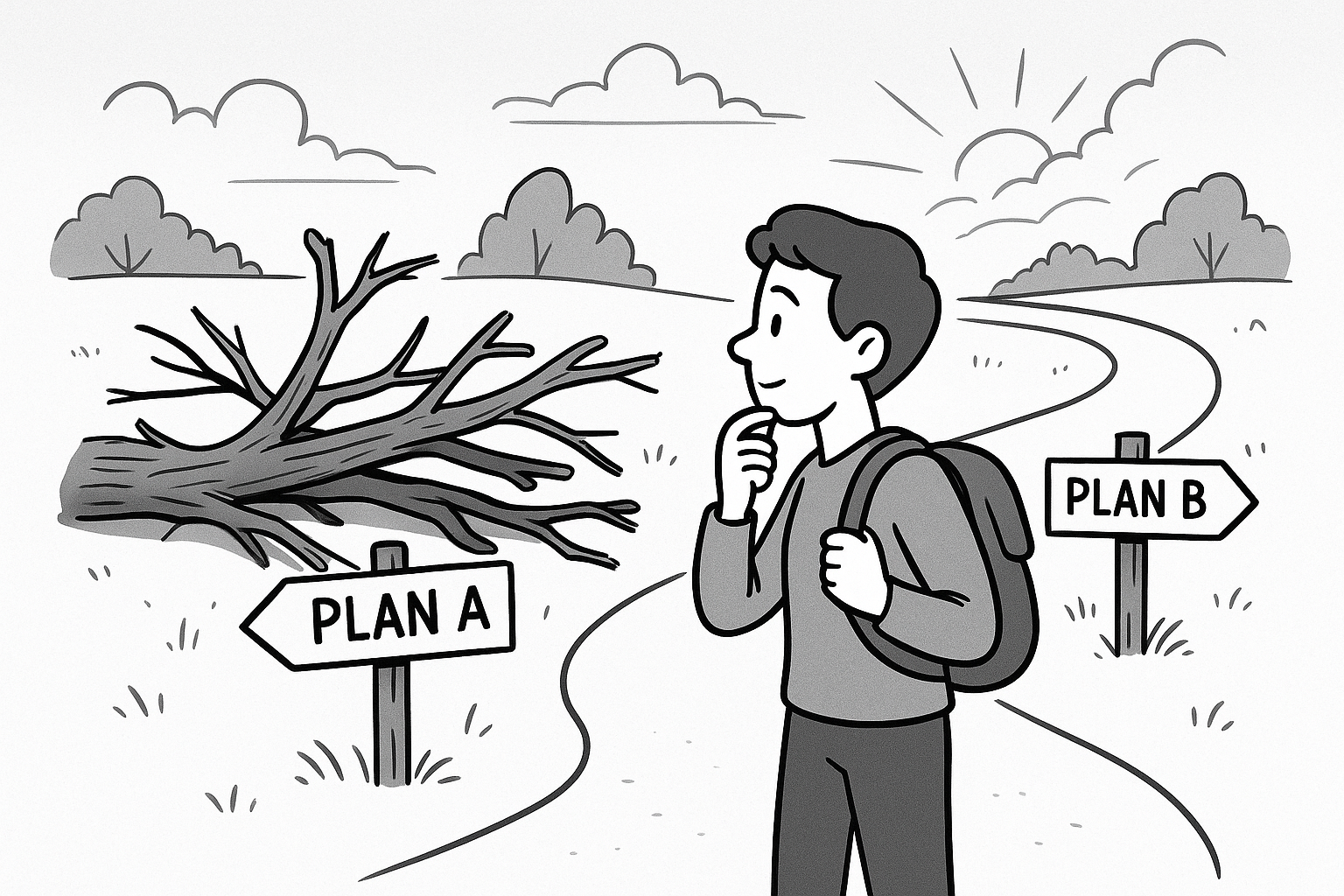 Person at a fork in the road, one path blocked by a fallen tree labeled &ldquo;Plan A,&rdquo; the other open as &ldquo;Plan B&rdquo;; hopeful, comic-style scene.