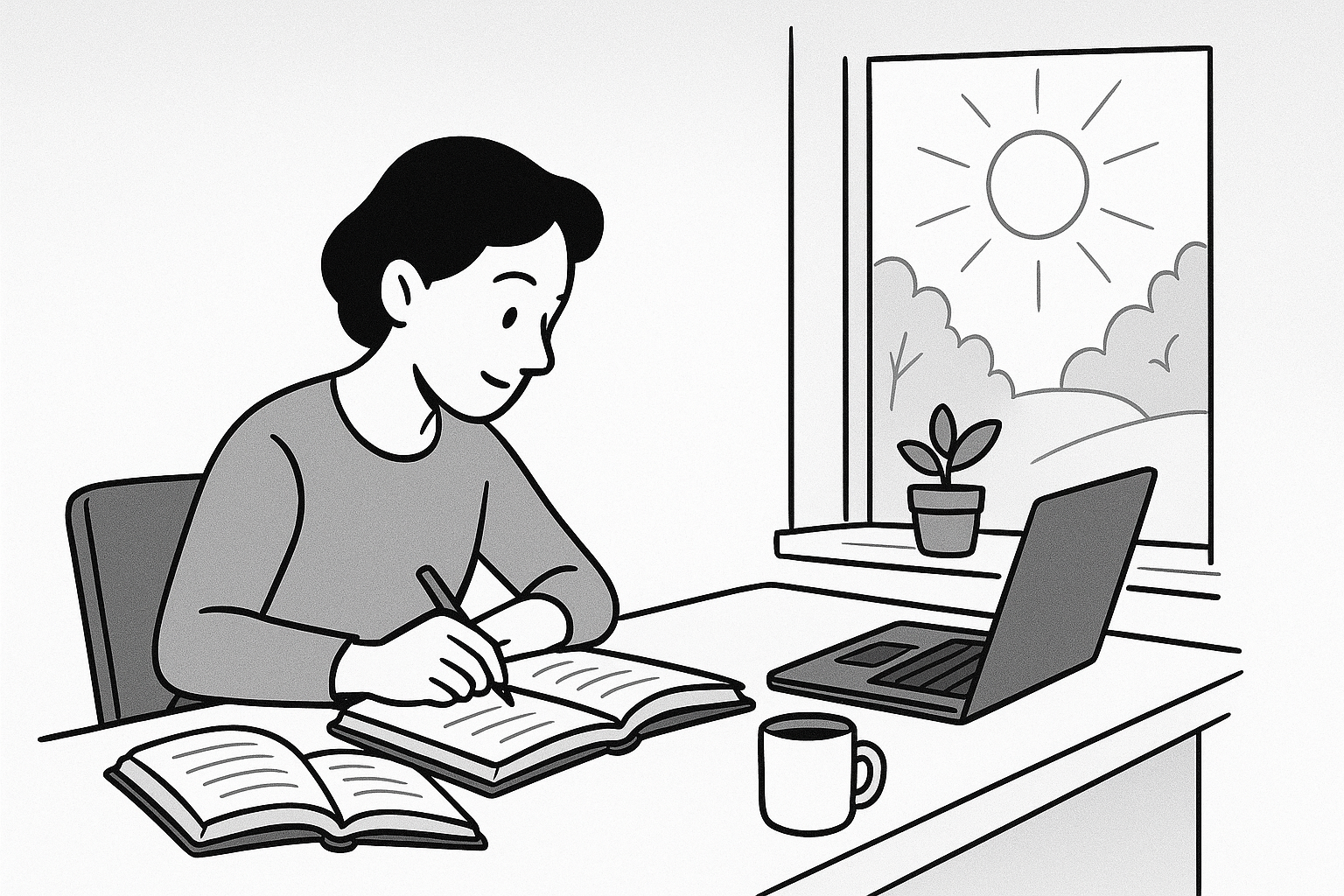 A person at a desk by a window, focused on work with books, a laptop, coffee, and a plant; peaceful, comic-style scene of renewal.