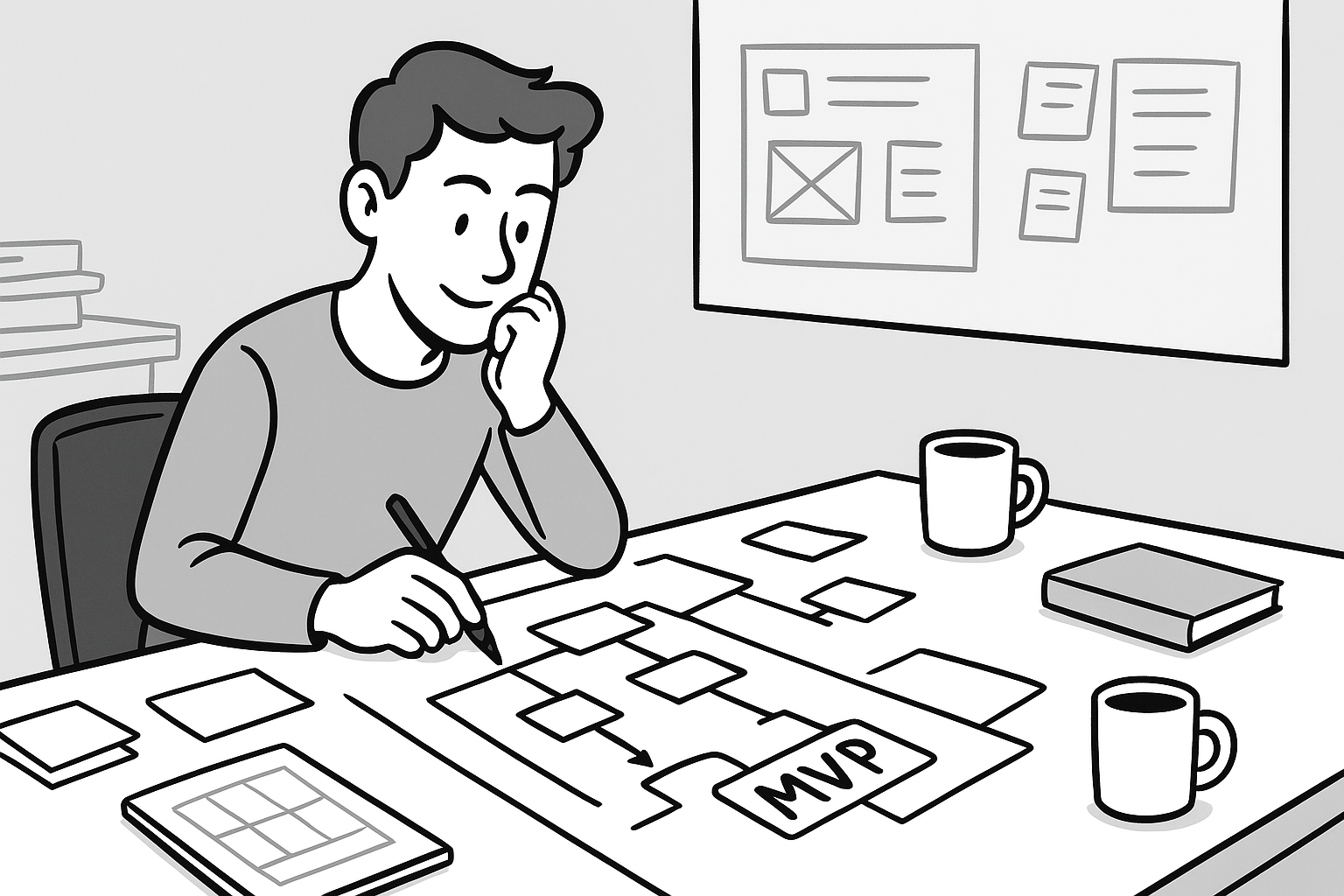 A person at a desk covered in sticky notes and wireframes, sketching a flowchart that narrows toward an &ldquo;MVP&rdquo; sign, capturing the challenge of focusing a big product vision.