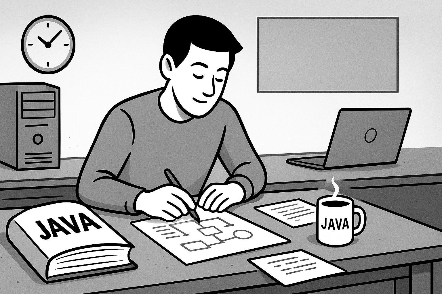A developer at a workbench, focused on a well-worn Java book and sketching designs, surrounded by classic and modern tech—capturing the theme of enduring craftsmanship.