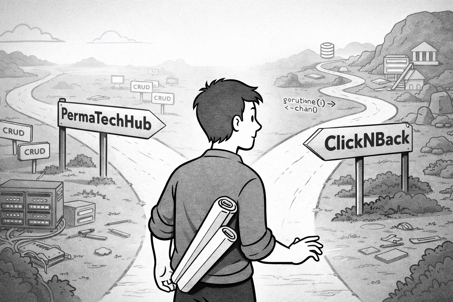 A developer stands at a crossroads, one path showing repetitive work, the other leading into complex and interesting territory.
