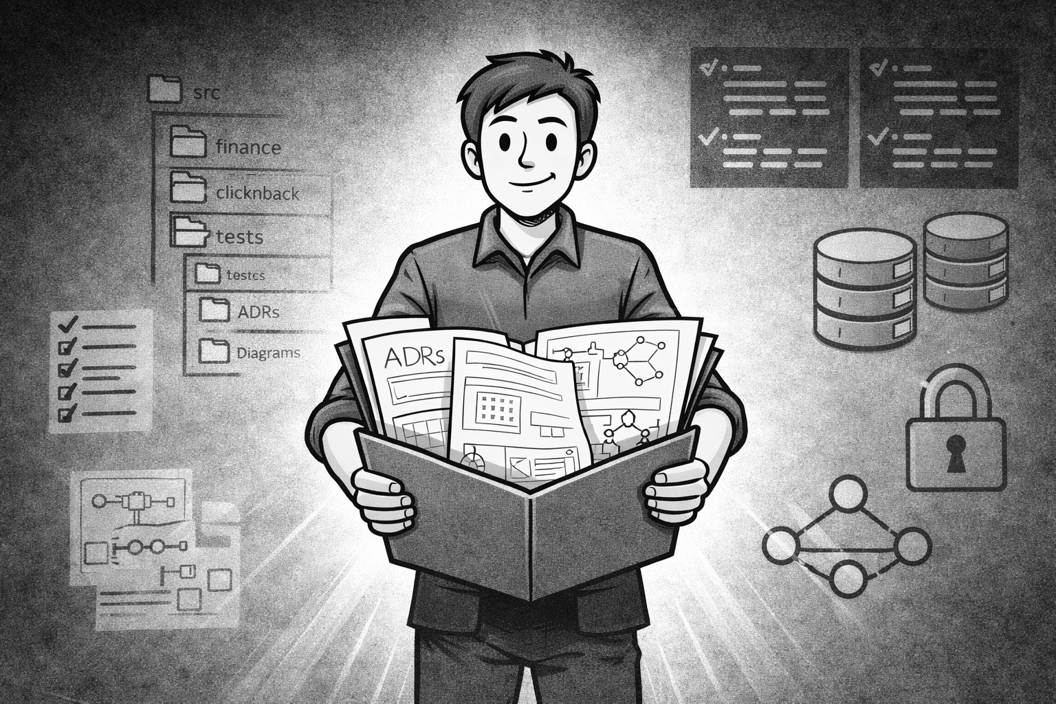 A person confidently holds open technical documents—ADRs, diagrams, and architectural blueprints—with a clean codebase structure, test checkmarks, and quality gates visible in the background; mood is authoritative and inviting.