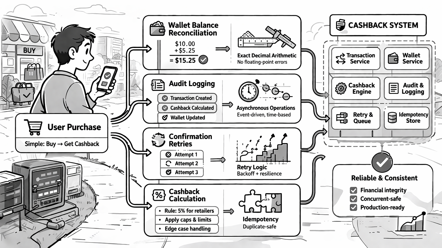 A transaction flows through multiple parallel systems: reconciliation, wallet balance, audit logging, and cashback calculation—each with its own complexity layer.