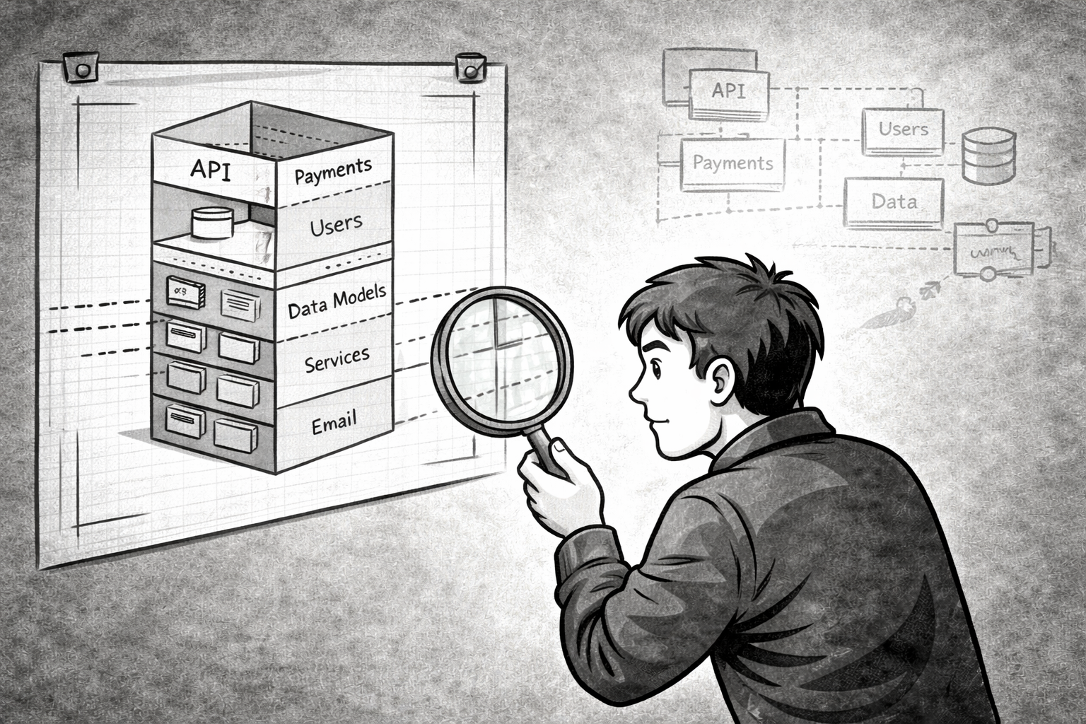 An engineer studies a blueprint showing a modular monolith with clearly separated vertical layers, examining potential extraction points.