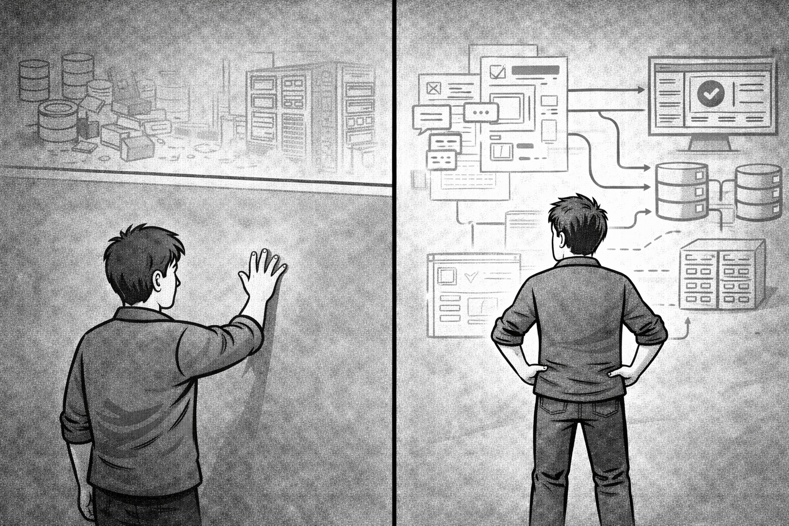 Split-panel showing an engineer blocked by a wall from backend systems on the left, then in the right panel standing centered with both frontend and backend visible and connected, demonstrating integrated ownership.